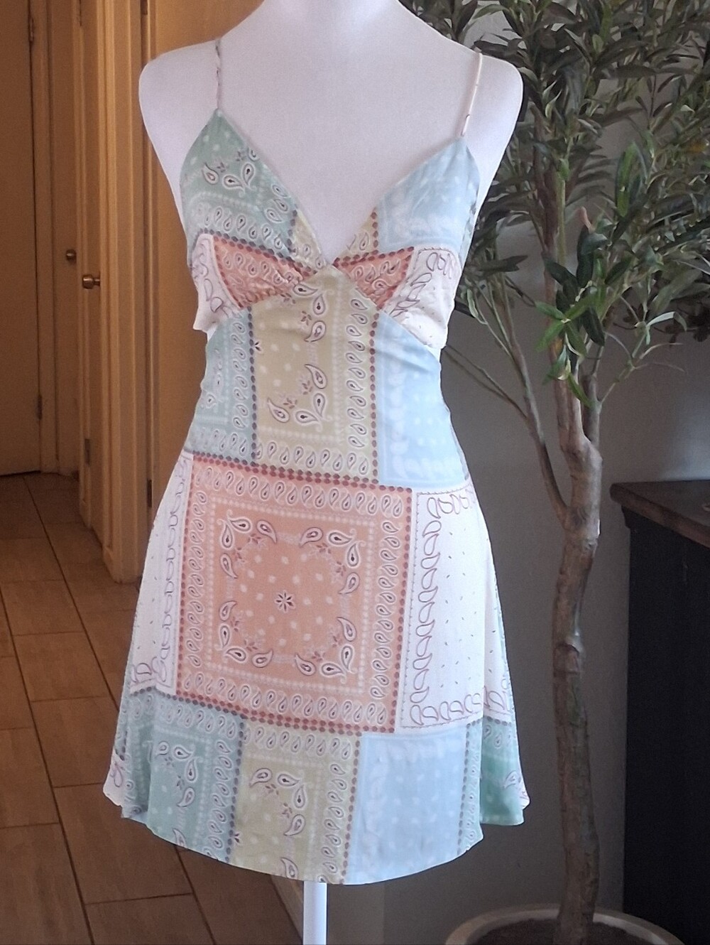 Patchwork Fairy Babydoll Sundress Pastel Bandana Print SzL Coastal Mini Dress